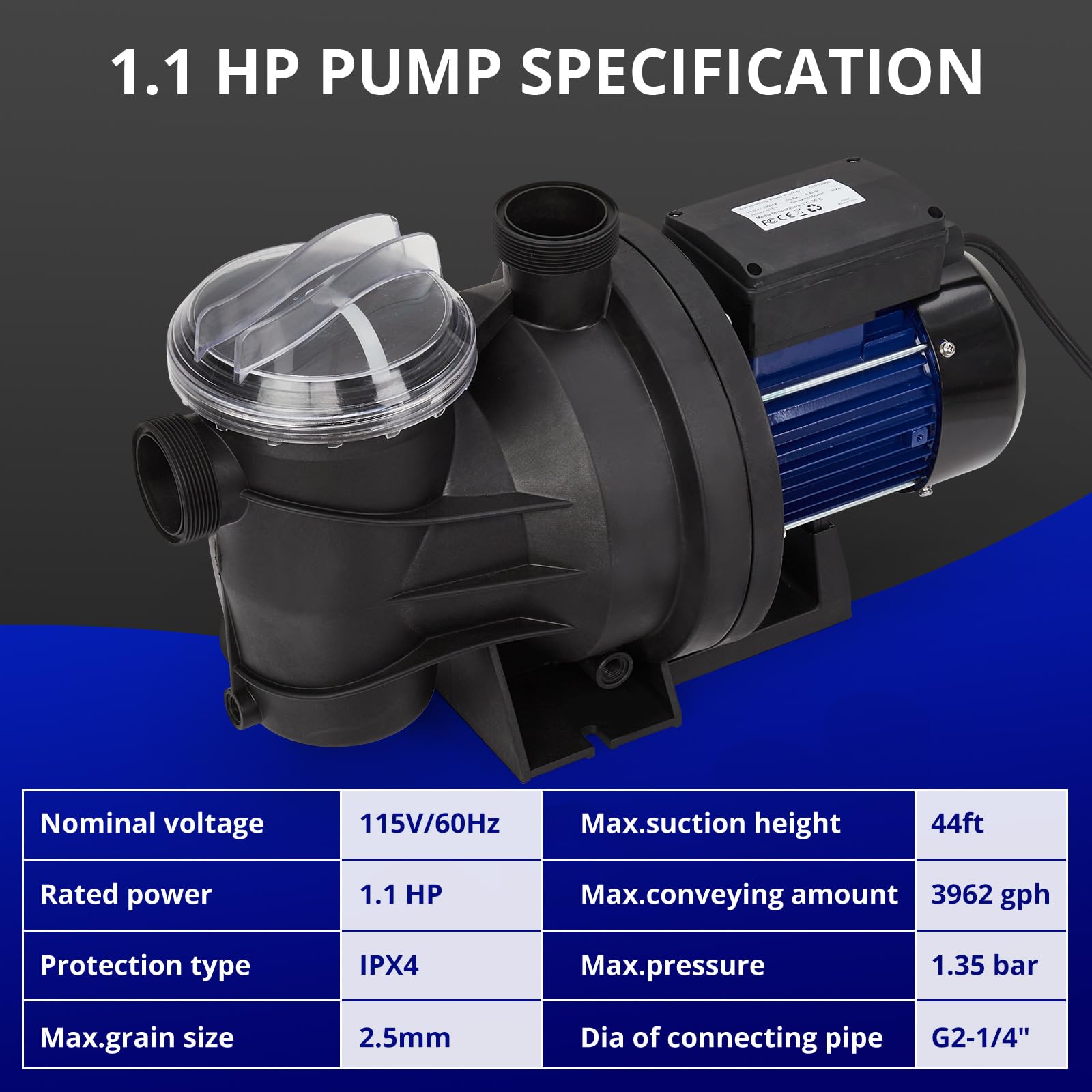 1.1HP 800W 115V Pool Pump 3962GPH for In/Above Ground