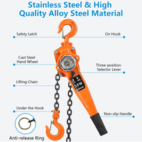 1.5 Ton Manual Lever Hoist, 10 Ft Lift with Double-Pawl Brake