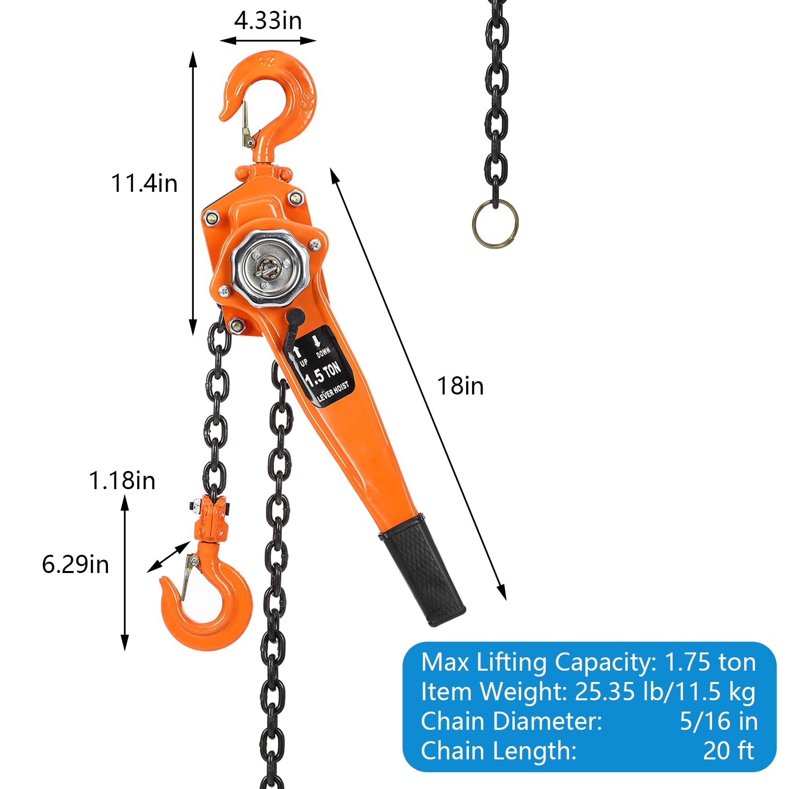 1.5 Ton Manual Lever Hoist, 10 Ft Lift with Double-Pawl Brake