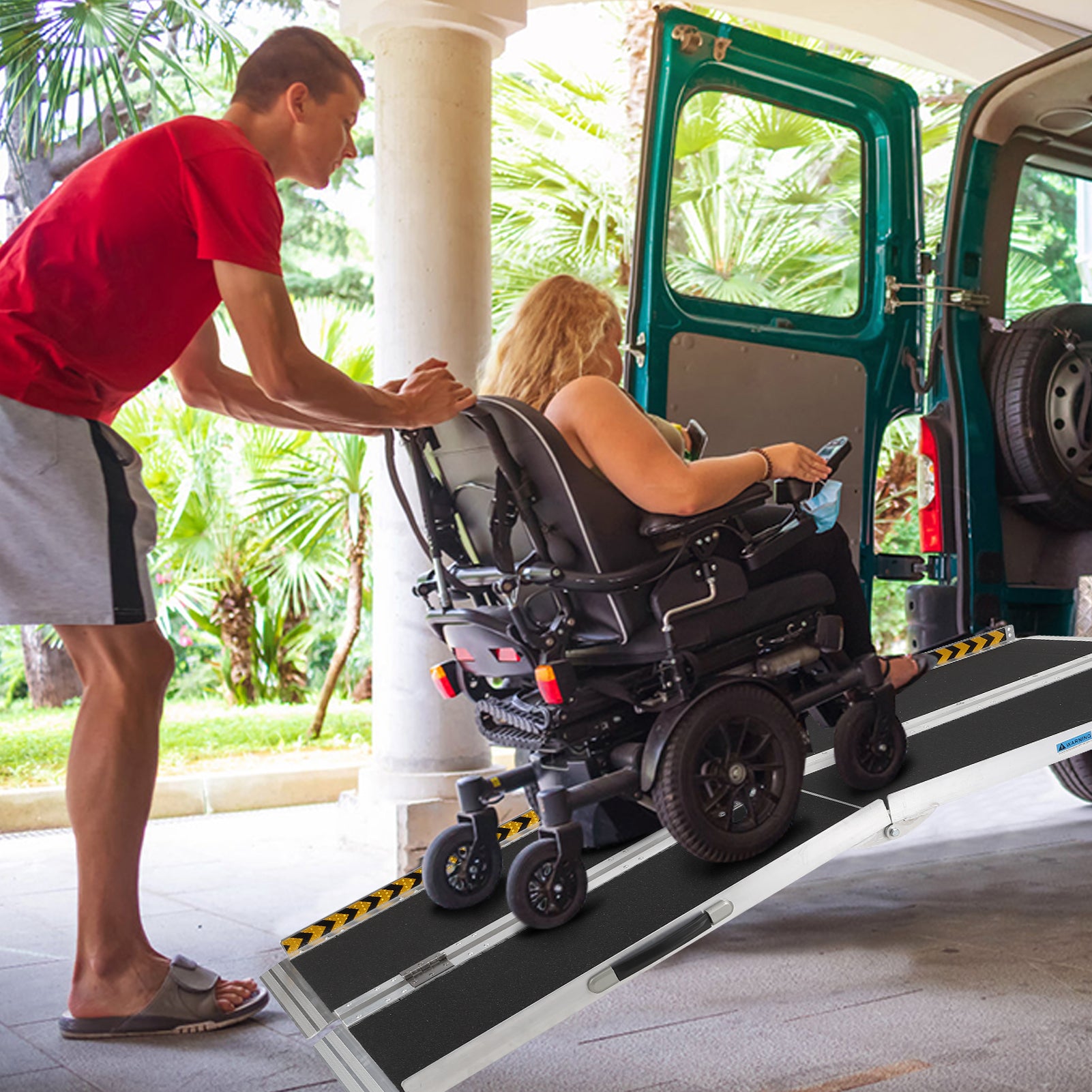 Garvee 8FT Portable Aluminum Wheelchair Ramp for Steps with Non-Skid Surface, Reflective Strips, Foldable Design, 600 Lbs Capacity, Home and Travel Use