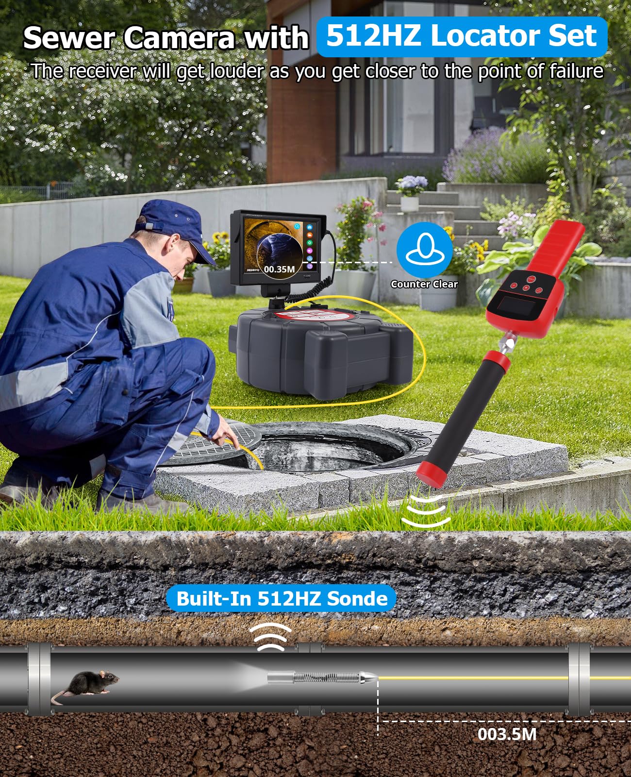 100ft Drain Camera with DVR, Self-Leveling, 9 Inch HD Touch,IP68