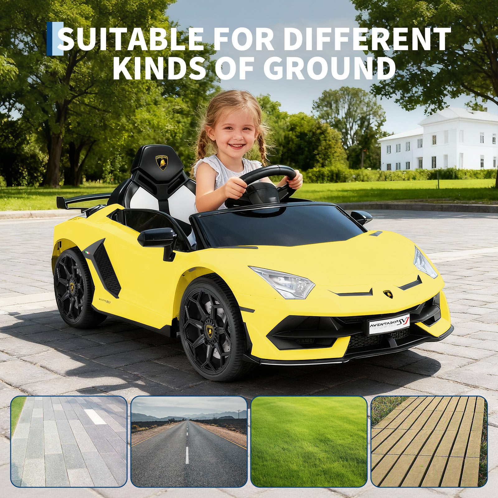 Garvee Ride P Series 12V Electric Ride-On Car for Kids | Licensed Lamborghini Battery-Powered Sports Car with Remote Control, 2 Speeds, Sound System, LED Headlights, Hydraulic Doors - Yellow