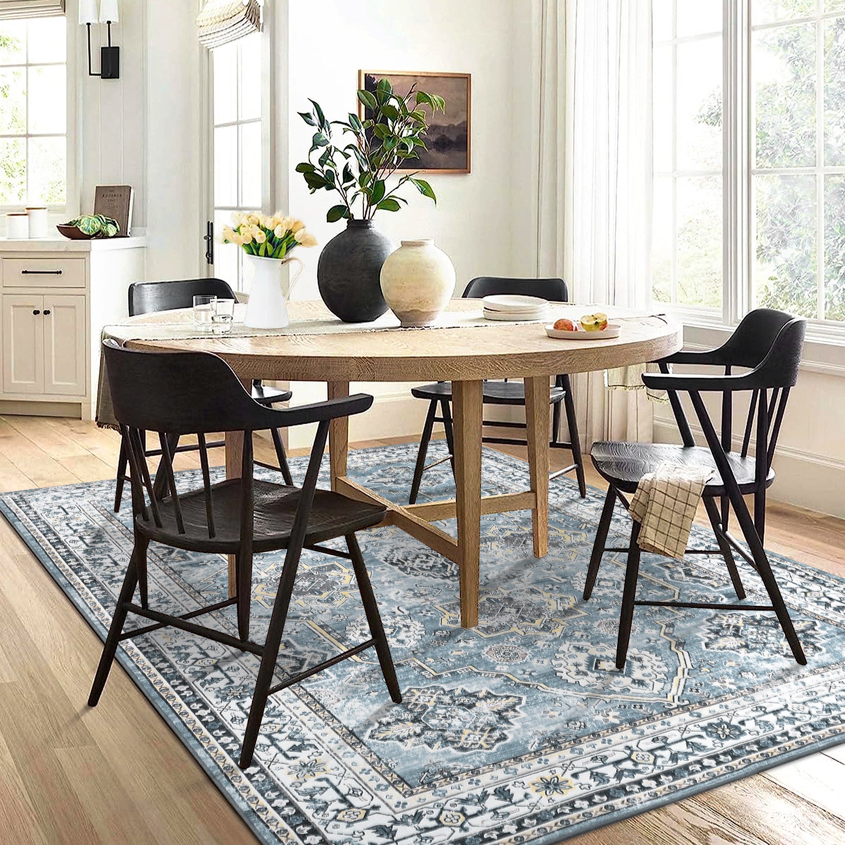 Garvee Boho Blue 5x7 Washable Rug, Oriental Vintage Non Slip Soft Faux Wool Stain Resistant Carpet for Living Room, Bedroom, Officem Soft Faux Wool Stain Resistant Carpet for Office Nursery Dining Room