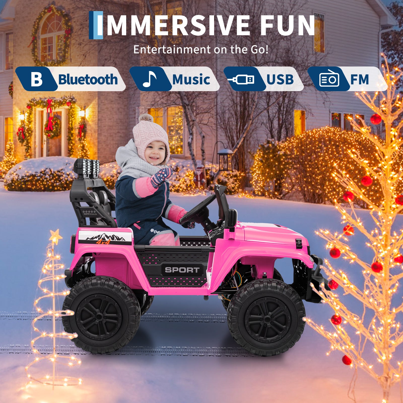 Garvee Ride - P Series: 24V Ride On Car, 4WD 2 Seater Kids' Electric Vehicle Truck with Remote Control, Adjustable Footwell Ride On Truck, 3 Speeds, Led Lights, Bluetooth, Pink
