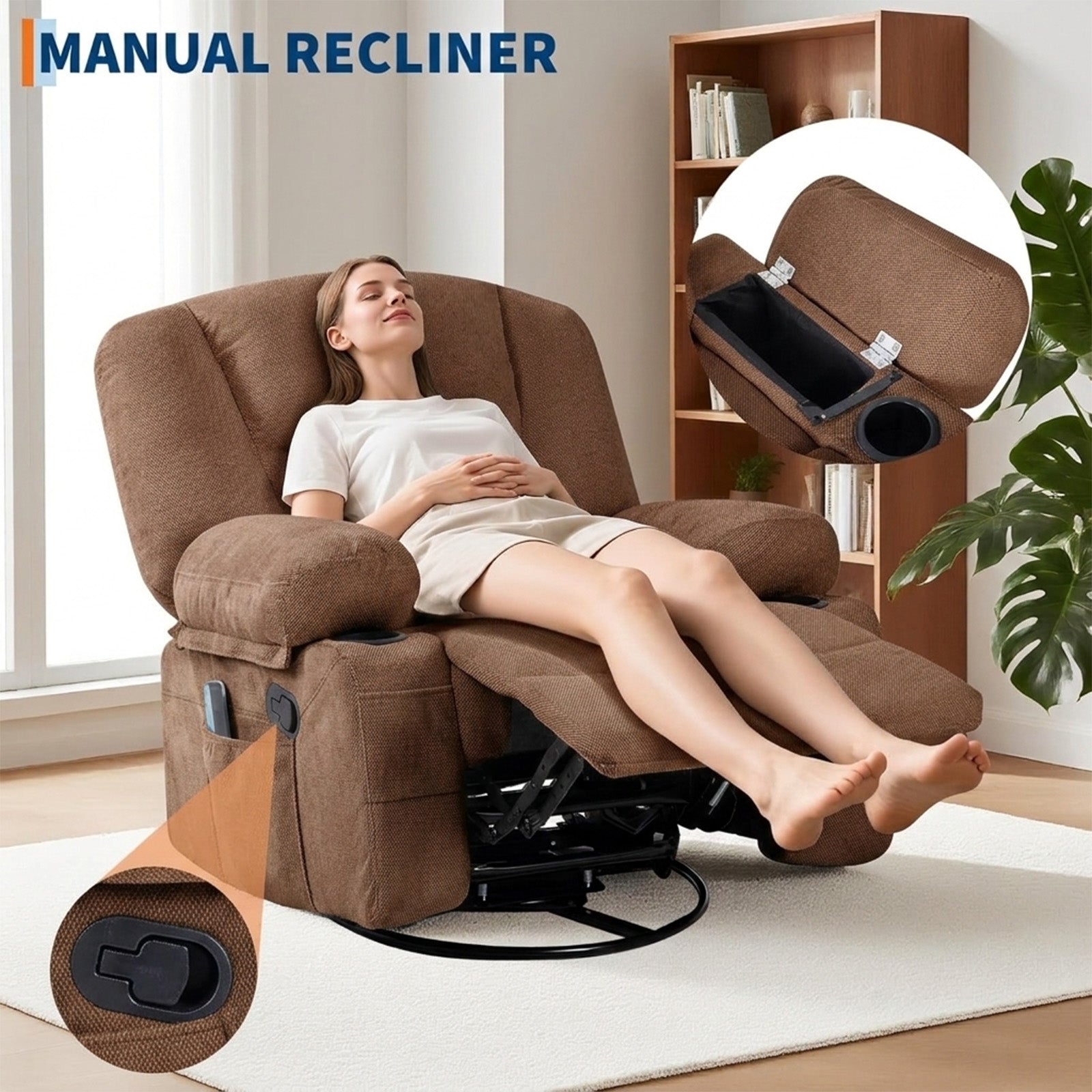 Garvee 360° Swivel Rocker Chair with Cup Holders & Side Pocket, Wide Recliner Chair with Heat and Vibration Massage, Chenille Fabric Manual Recliner Lazy Boy Chair for Adults, Brown