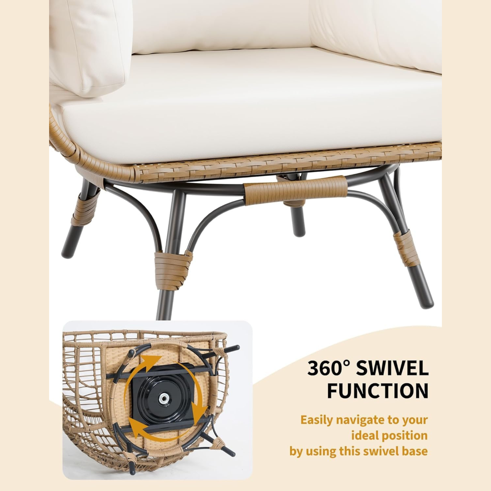Garvee 360° Swivel Egg Chair, Oversized Patio Rotating Basket Chair, Steel Frame and Metal Base, Waterproof, PE Rattan Lounge Chair for Indoor & Outdoor Patio, Living Room, and Backyard, Beige