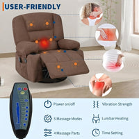 Garvee 360° Swivel Rocker Chair with Cup Holders & Side Pocket, Wide Recliner Chair with Heat and Vibration Massage, Chenille Fabric Manual Recliner Lazy Boy Chair for Adults, Brown