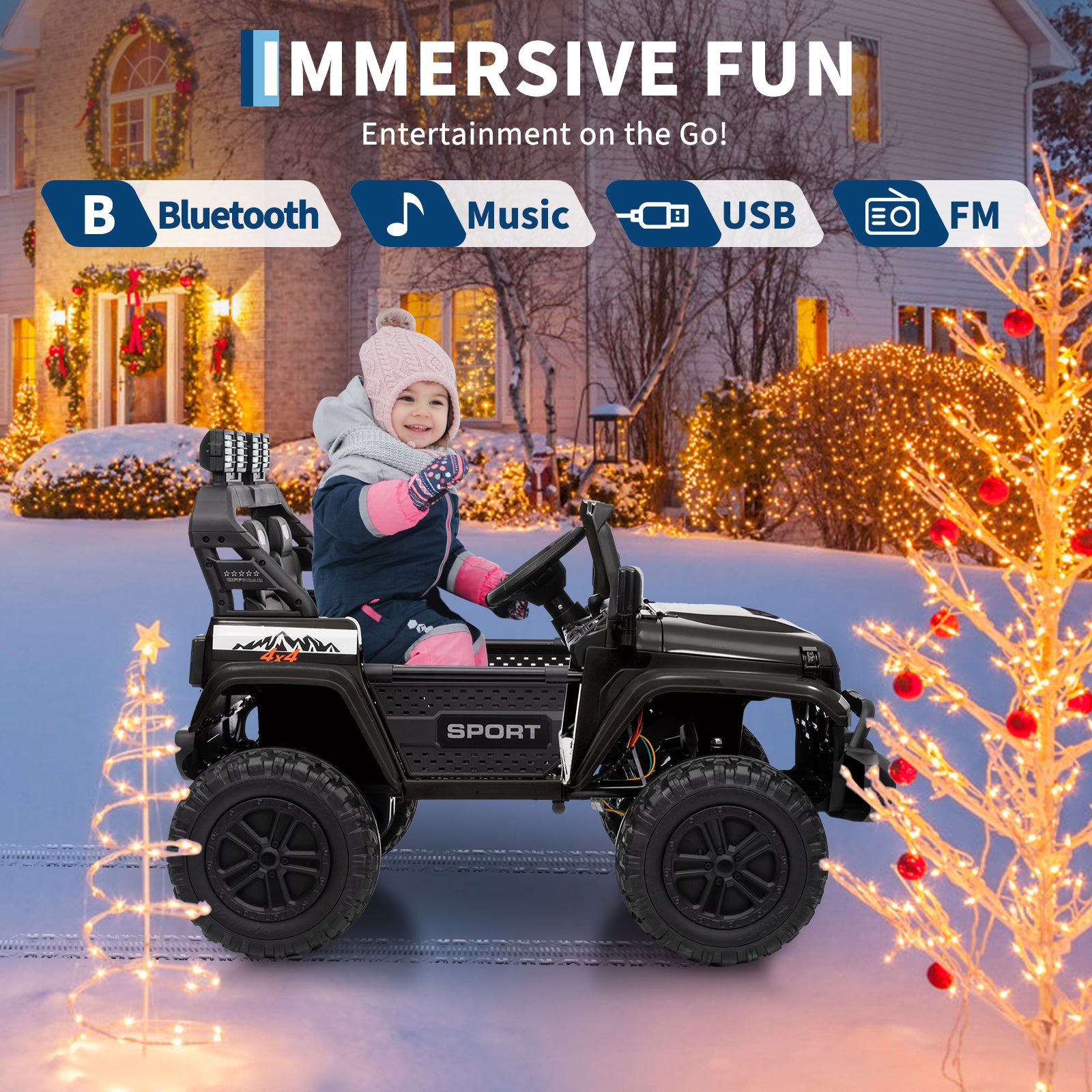 Garvee Ride - P Series: 24V Ride On Car, 4WD 2 Seater Kids' Electric Vehicle Truck with Remote Control, Adjustable Footwell Ride On Truck, 3 Speeds, Led Lights, Bluetooth, Black