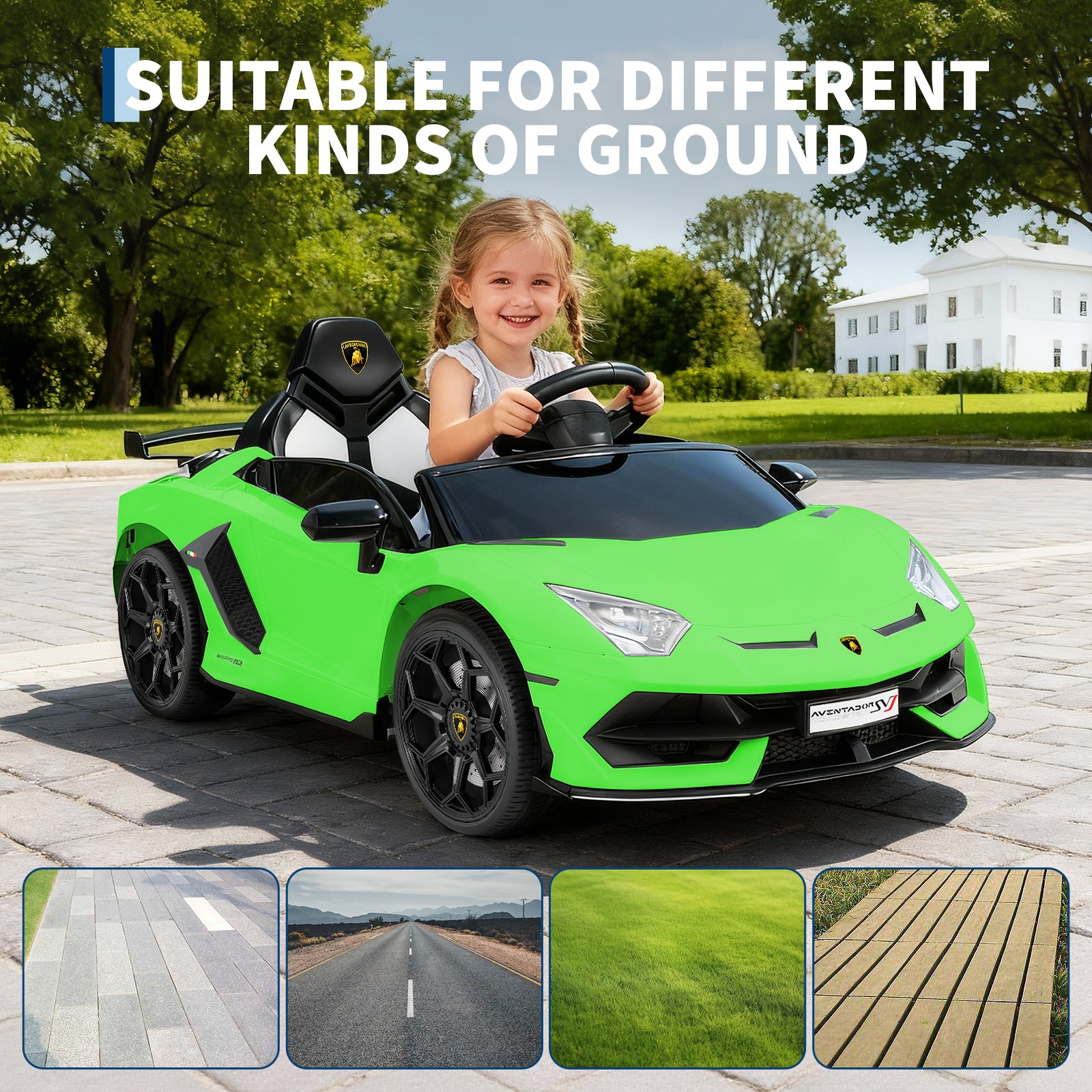 Garvee Ride P Series 12V Electric Ride-On Car for Kids | Licensed Lamborghini Battery-Powered Sports Car with Remote Control, 2 Speeds, Sound System, LED Headlights, Hydraulic Doors - Green