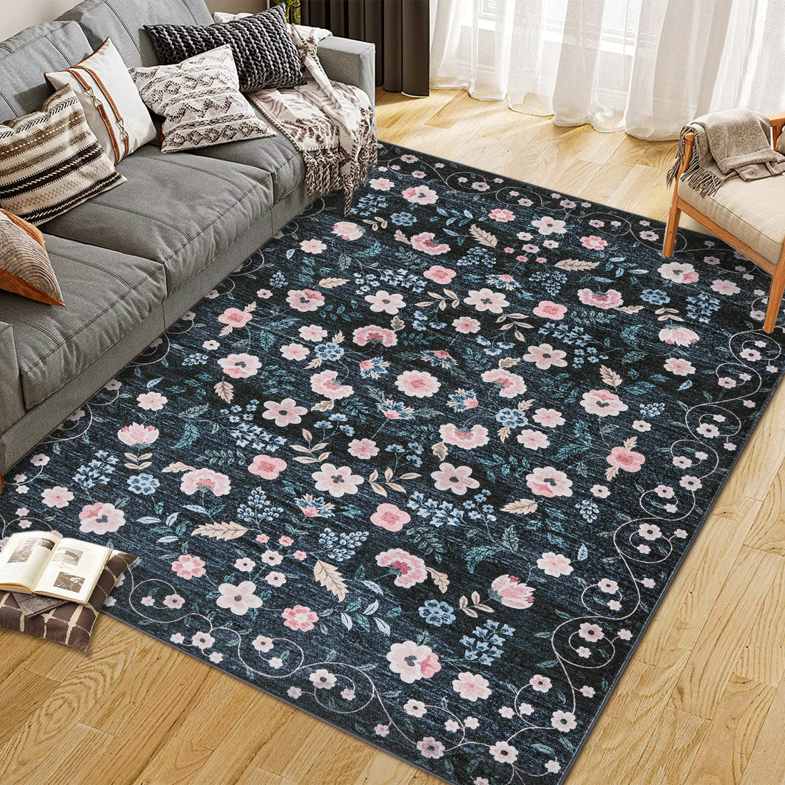 Garvee Area Rugs Washable Floral Rugs for Living Room Non Slip Low Pile Carpet for Office Bedroom Kids Room Bedside