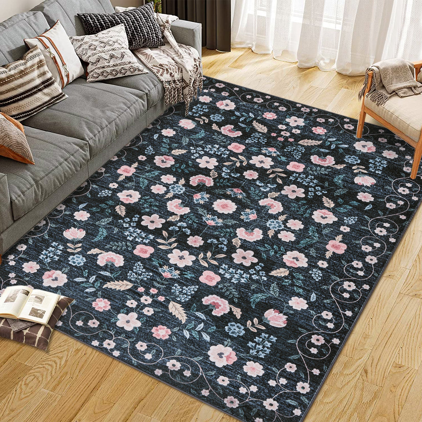 Garvee Area Rugs Washable Floral Rugs for Living Room Non Slip Low Pile Carpet for Office Bedroom Kids Room Bedside