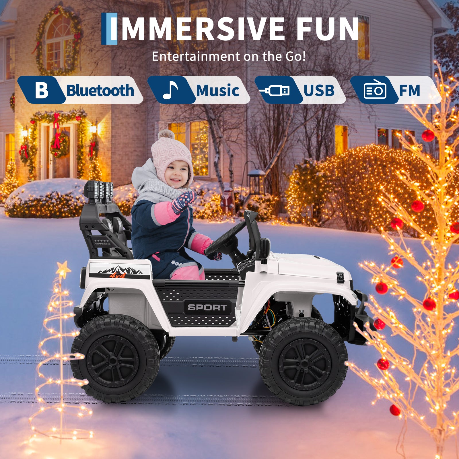 Garvee Ride - P Series: 24V Ride On Car, 4WD 2 Seater Kids' Electric Vehicle Truck with Remote Control, Adjustable Footwell Ride On Truck, 3 Speeds, Led Lights, Bluetooth, White