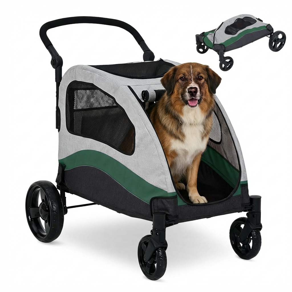 Garvee Foldable Dog Stroller, Large Dog Carrier with 360° Wheels, Adjustable Handle & Storage Pocket, Portable Puppy Travel Strollers, Pet Wagon for Large Dogs, 135 Lbs Capacity, Green