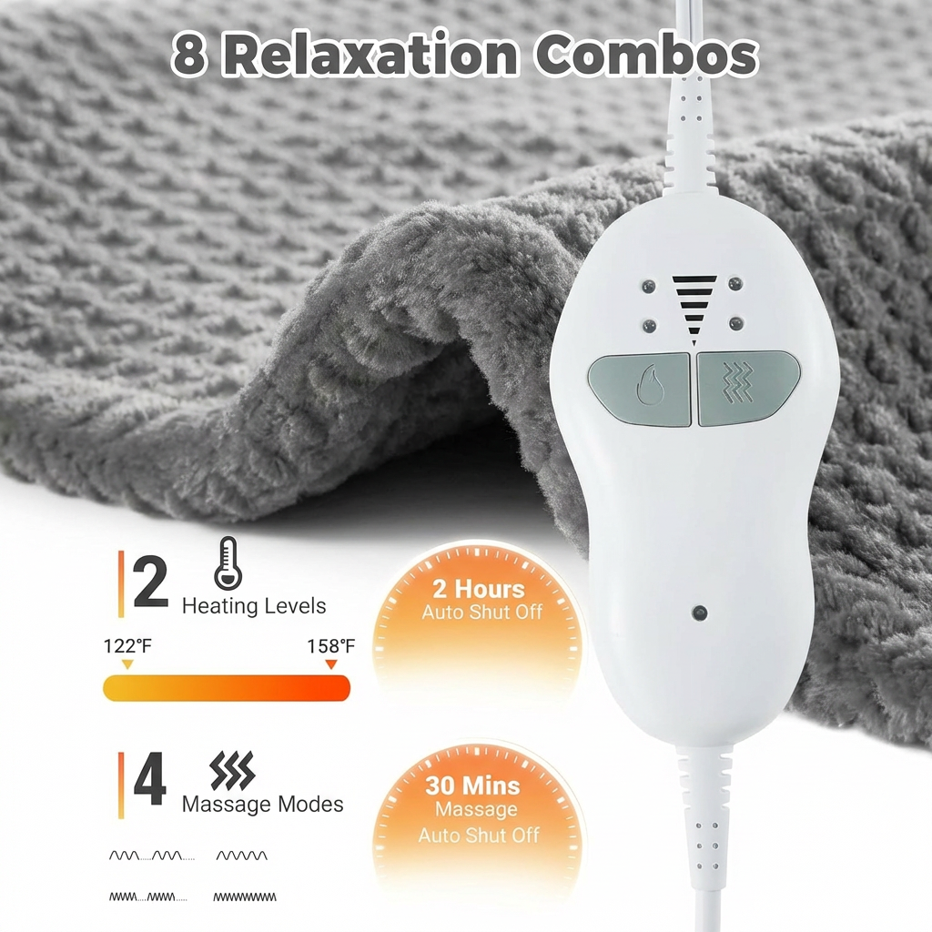 Garvee Massaging Heating Pad for Neck, Shoulders and Back, 24" x 35" Large Electric Heating Pad for Back Pain Relief with 8 Massage Combos, 2 Heat Levels, 4 Massage Motors, 2H Auto Shut-Off, Gray
