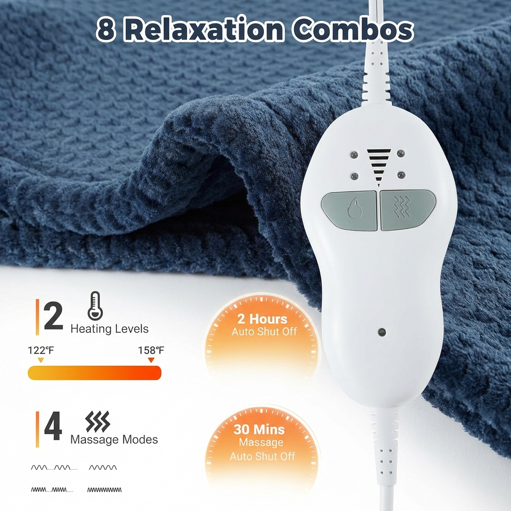 Garvee Massaging Heating Pad for Neck, Shoulders and Back, 24" x 35" Large Electric Heating Pad for Back Pain Relief with 8 Massage Combos, 2 Heat Levels, 4 Massage Motors, 2H Auto Shut-Off, Blue