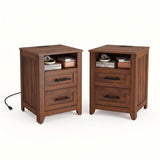 Garvee Farmhouse Nightstand Set of 2 with 2 Drawers, Charging Station, MDF Wood, Open Shelf, Compact Size for Bedroom Living Room - Brown