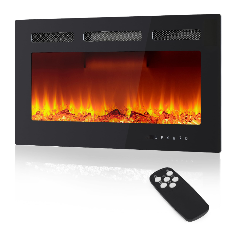Garvee 36 Inch Wall Mounted Electric Fireplace, 1500W Heater with Iron Frame, 12 Flame Colors, Remote and Touch Control, Adjustable Brightness, Black