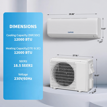 Garvee 12000 BTU Mini Split Air Conditioner with Heat Pump – 18.5 SEER2 – Ductless – WiFi Smart Control – Alexa Compatible – Low Noise – Cools & Heats up to 750 Sq.ft – 208-230V – US Standard