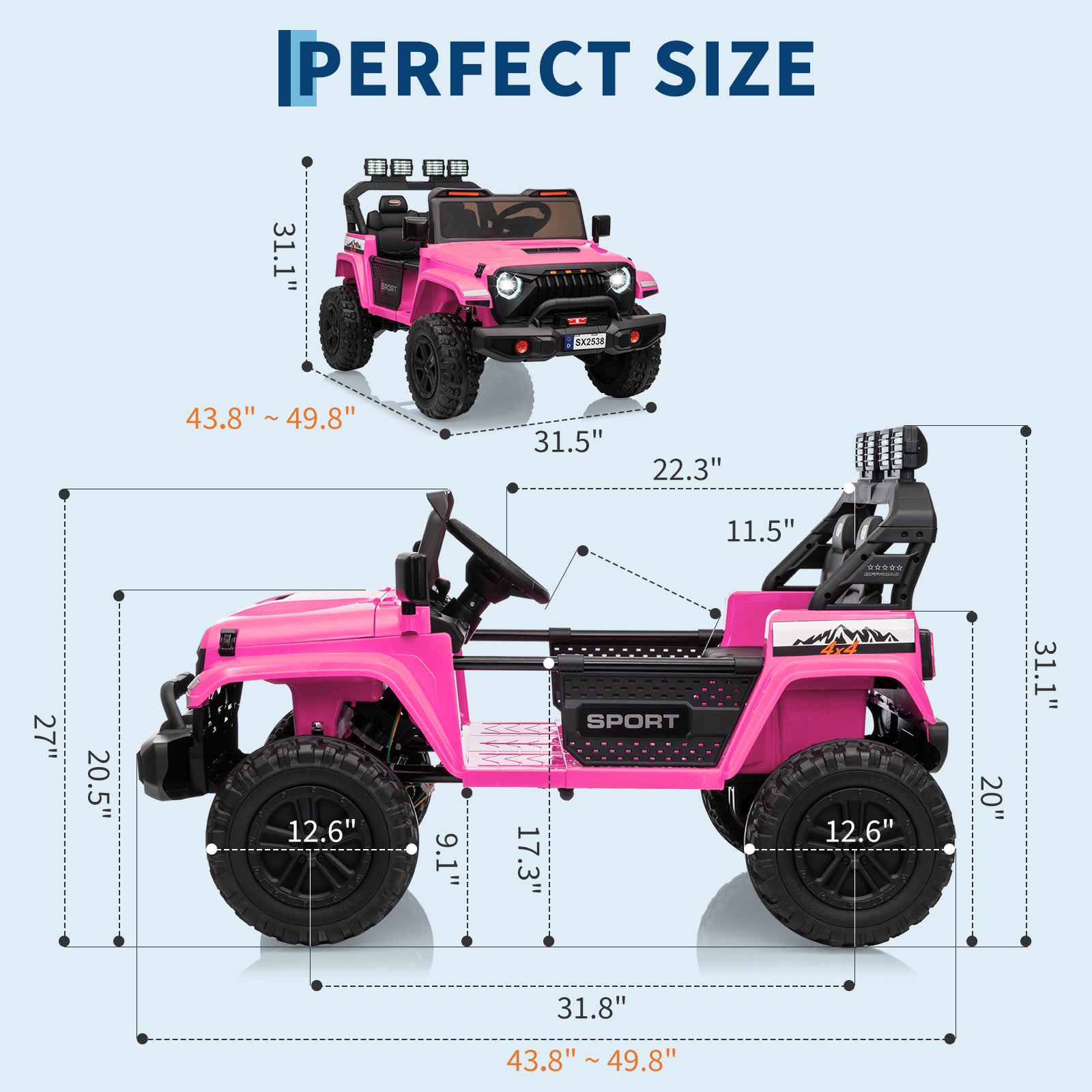 Garvee Ride - P Series: 24V Ride On Car, 4WD 2 Seater Kids' Electric Vehicle Truck with Remote Control, Adjustable Footwell Ride On Truck, 3 Speeds, Led Lights, Bluetooth, Pink