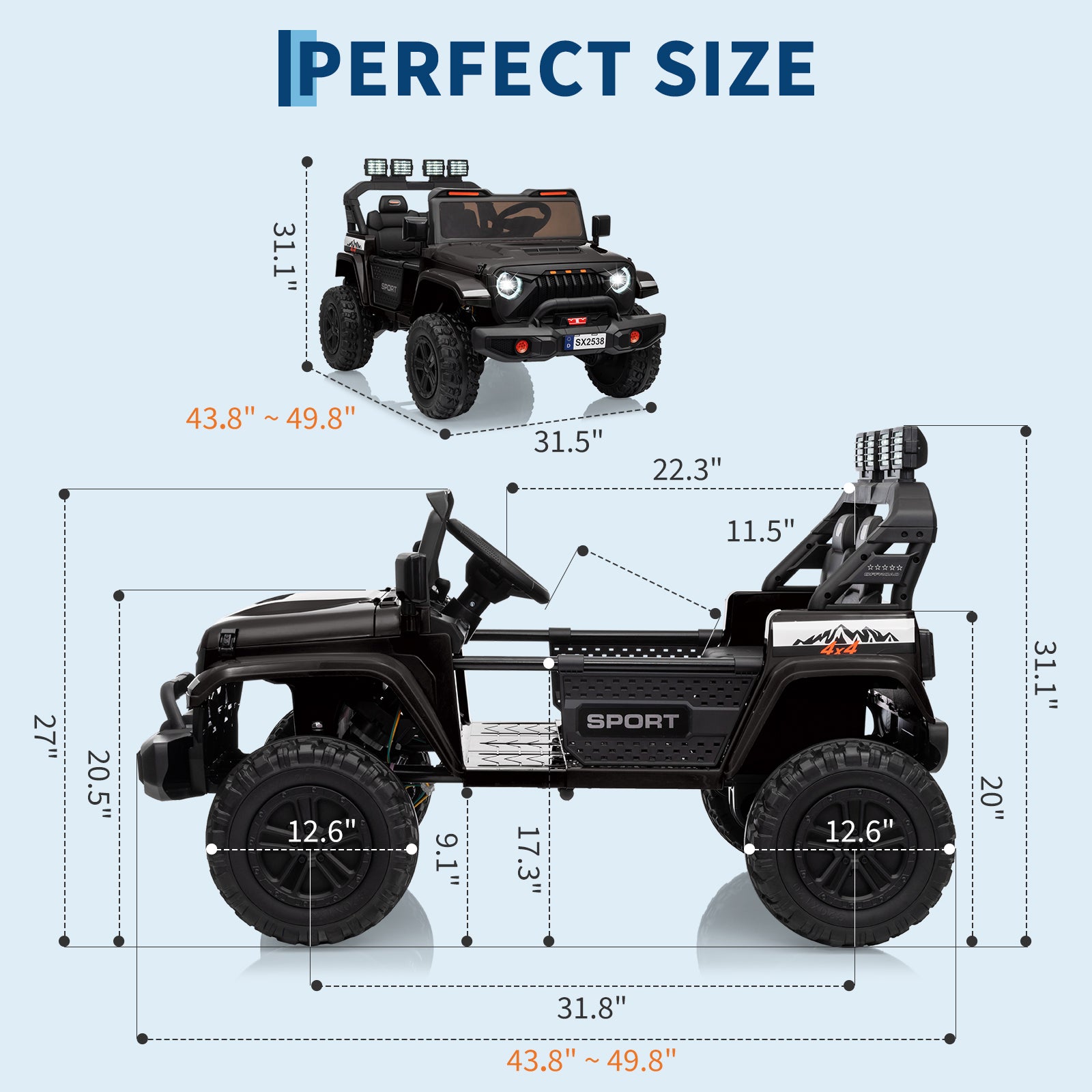 Garvee Ride - P Series: 24V Ride On Car, 4WD 2 Seater Kids' Electric Vehicle Truck with Remote Control, Adjustable Footwell Ride On Truck, 3 Speeds, Led Lights, Bluetooth, Black