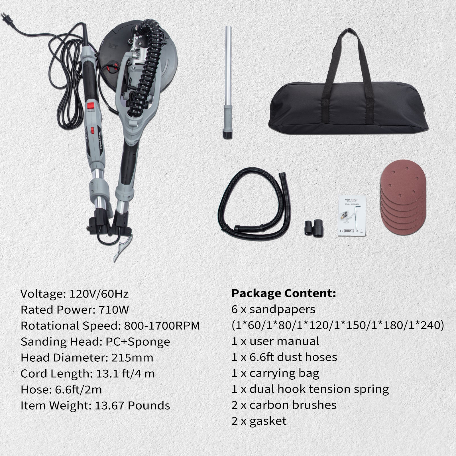 Garvee Drywall Sander, 710W Electric Sander Tool with Variable Speed 800-1700RPM, 6.6ft Dust Hose with LED Light, Extendable & Foldable Handle, 6 Pcs Sanding Discs, Carrying Bag