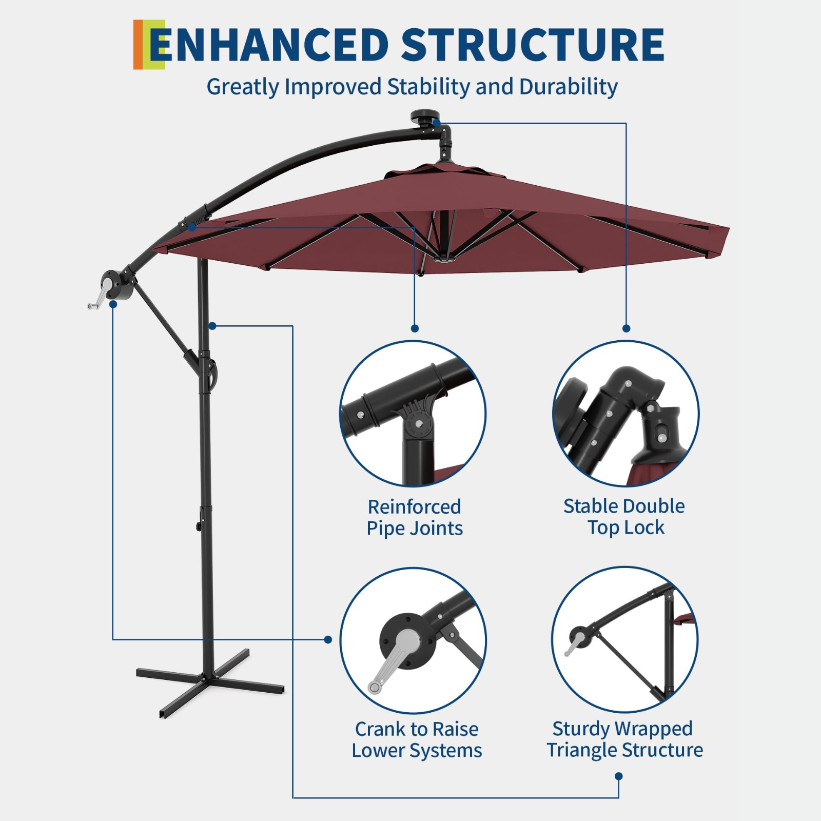 Garvee 10' Cantilever Umbrella with 360 Rotating Base, UV Protection Offset Patio Umbrella 12 Ribs Outdoor Sun Shade with Easy Tilt Adjustment for Backyard, Lawn, Garden, Wine Red