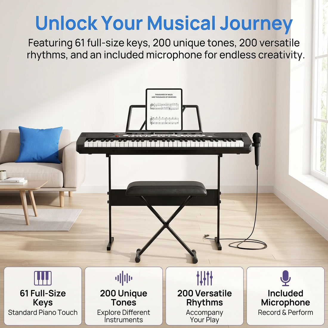 Garvee 61-Key Electric Keyboard Piano + 200 Timbres & Rhythms + Record Playback + Detachable Microphone + Portable + Suitable for Beginners & Kids