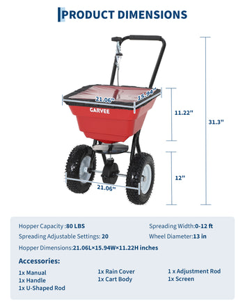 Garvee 80 lb Push Broadcast Spreader, Walk-Behind Lawn & Garden Spreader with 29 L Hopper, 0–12 ft Coverage, 13" All-Terrain Wheels & 20-Level Flow Control for Seed, Fertilizer, Salt & Ice Melt, Red