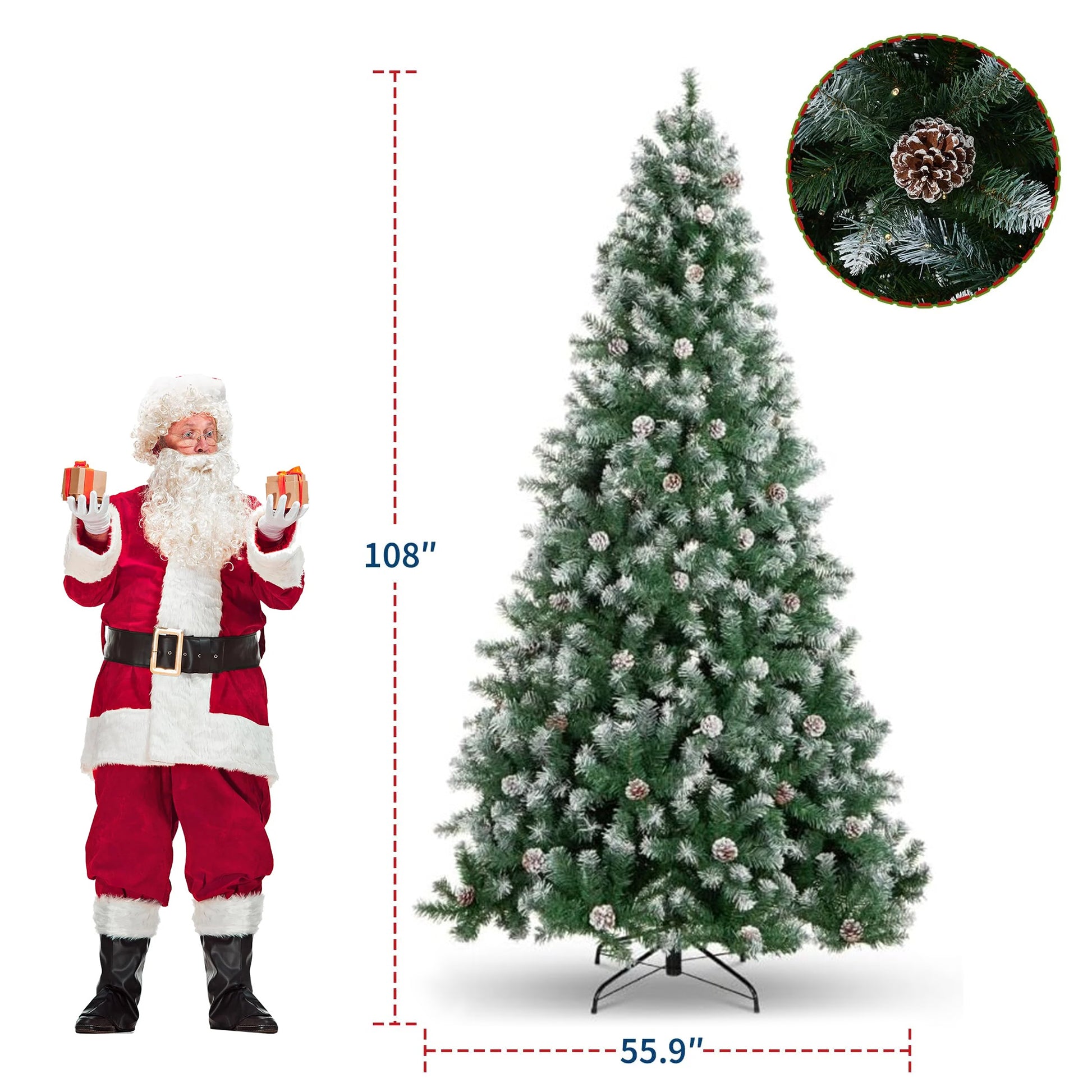 Garvee 9ft Pre-Lit Christmas Tree with Pinecone, Artificial Xmas Tree with Snowy Branch Tips, Hinged Metal Stand, Flame-Retardant Material, Fake Christmas Tree for Yard, Home, Entrances