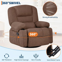 Garvee 360° Swivel Rocker Chair with Cup Holders & Side Pocket, Wide Recliner Chair with Heat and Vibration Massage, Chenille Fabric Manual Recliner Lazy Boy Chair for Adults, Brown