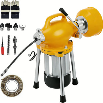 Garvee Drain Auger Sewer Snake Portable Electric Drain Cleaner with Auto Feed, 500W Motor, Steel Cables & 6 Cutters, Heavy-Duty Steel, Yellow, for 1.6-4" Pipes, Home & Professional Use