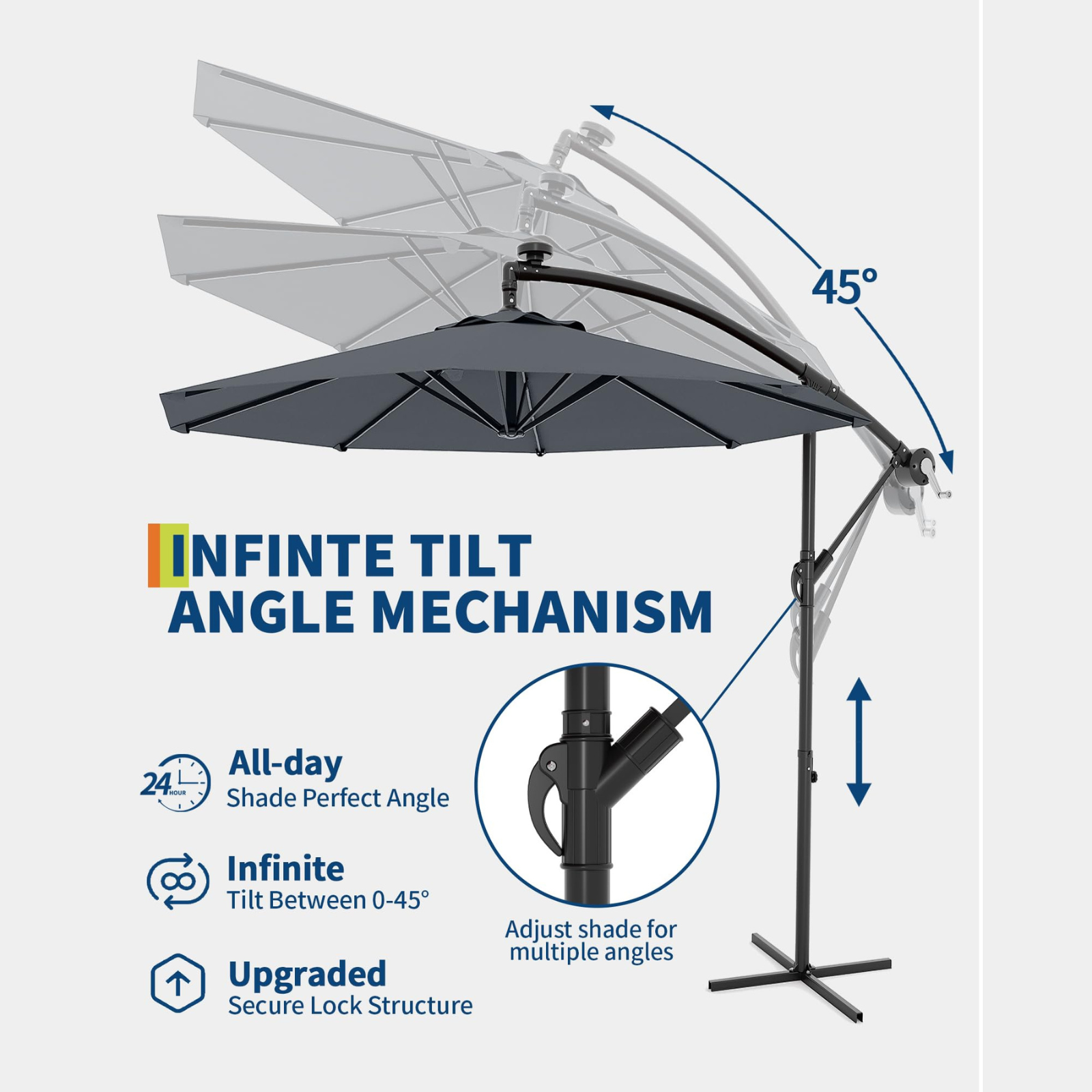 Garvee 10' Cantilever Umbrella with 360 Rotating Base, UV Protection Offset Patio Umbrella 9 Ribs Outdoor Sun Shade with Easy Tilt Adjustment for Backyard, Lawn, Garden, Navy Blue