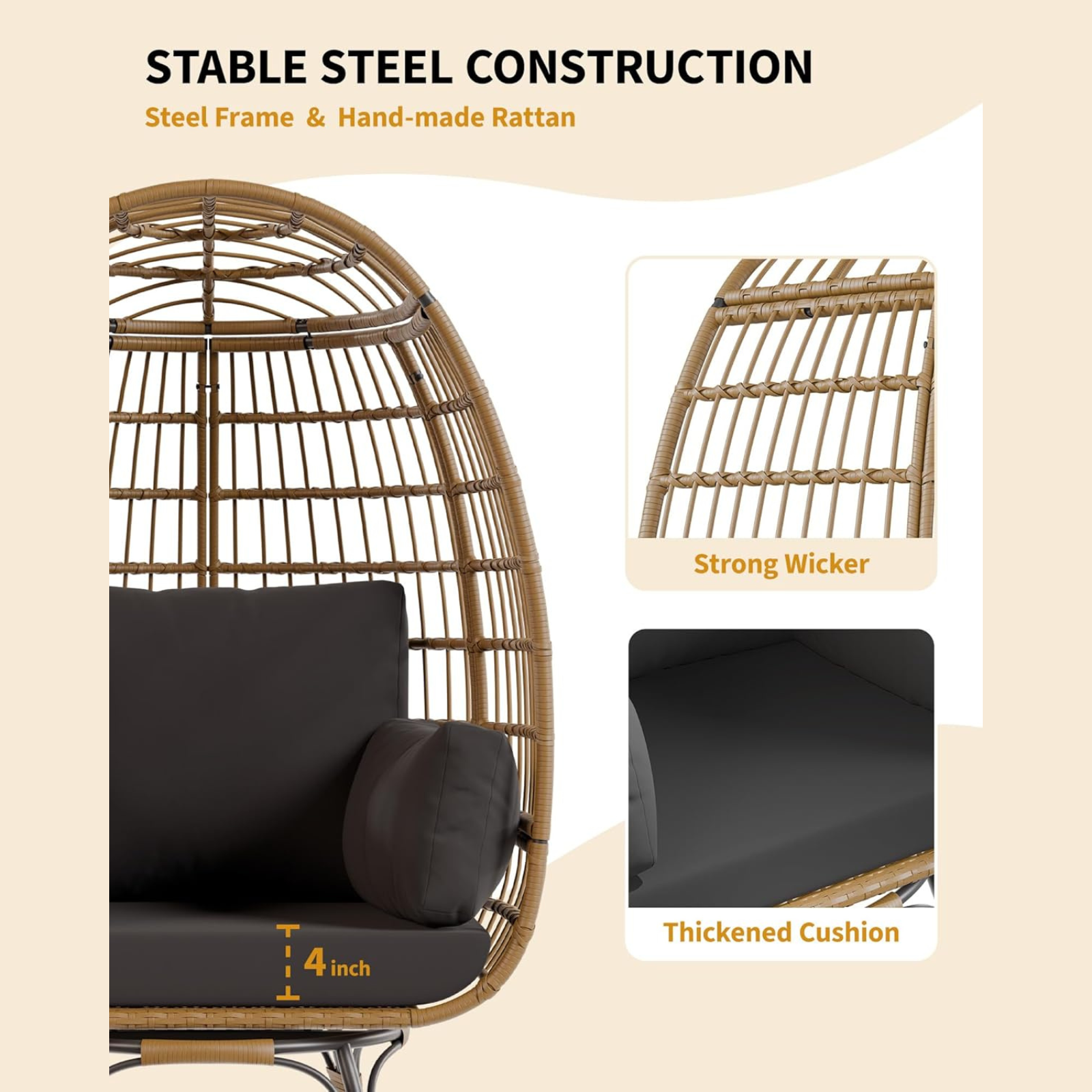 Garvee 360° Swivel Egg Chair, Oversized Patio Rotating Basket Chair, Steel Frame and Metal Base, Waterproof, PE Rattan Lounge Chair for Indoor & Outdoor Patio, Living Room, and Backyard, Black