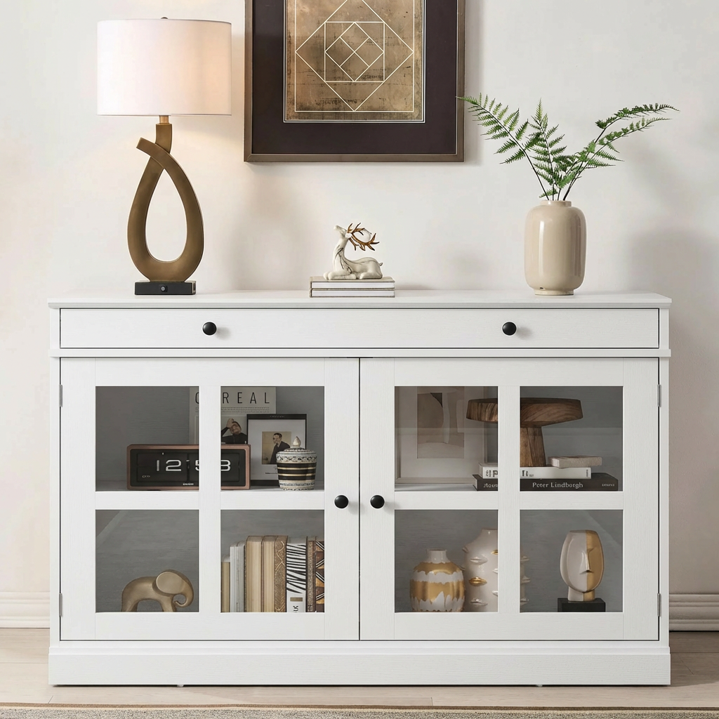 Garvee 35.4" Sideboard Buffet Cabinets With Glass Doors and Drawers, White