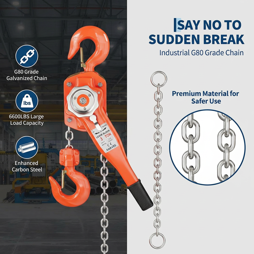 Garvee Manual Lever Chain Hoist 3 Ton With G80 Galvanized Steel Chain, Weston Double Pawl Brake, 360° Swivel Hook For Garage Factory Dock, 19 FT, Compact Design