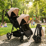 Garvee Foldable Double Baby Stroller in Multi-Position Reversible Design with Adjustable Backrest, Storage Basket and Canopy for Infant and Toddler, Khaki - Khaki