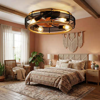 Garvee 20.5" Boho Rattan Caged Ceiling Fan with Light and Remote, 6-Speed Reversible, E26 Base for Bedroom Living Room