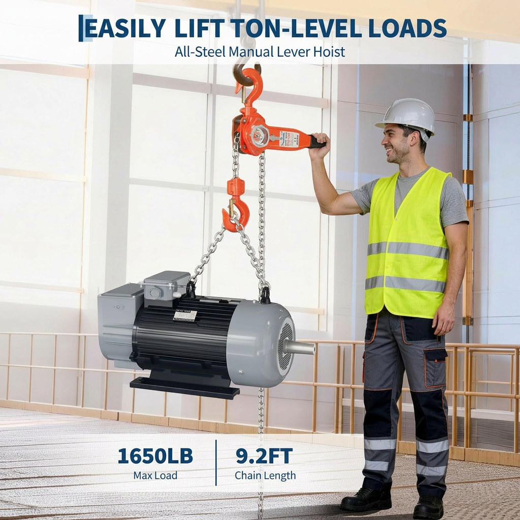 Garvee Manual Lever Chain Hoist 0.75 Ton With G80 Galvanized Steel Chain & Weston Double Pawl Brake, 10 FT, 360° Swivel Hook, Garage Factory Dock Lifting