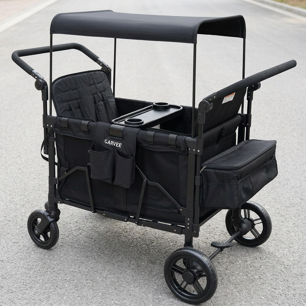 Garvee 2-in-1 Foldable Double Stroller Wagon with Canopy and Adjustable Handle for Twins & Toddler, Black