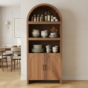 Garvee Mid-Century 71" Wood Sideboard in Arched Design with Open Display Shelves and Cabinet for Dining Room, Bathroom and Living Room, Brown