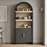 Garvee Mid-Century 71" Wood Sideboard in Arched Design with Open Display Shelves and Cabinet for Dining Room, Bathroom and Living Room, Black - Black