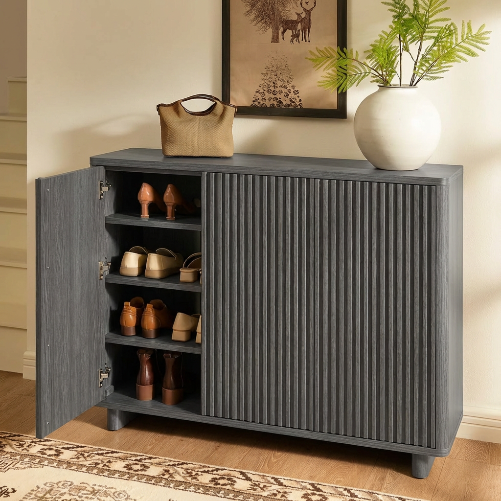 Garvee 46" Grille Style Shoe Cabinet with 5-Tier Storage and Adjustable Shelves for Entryway, Grey