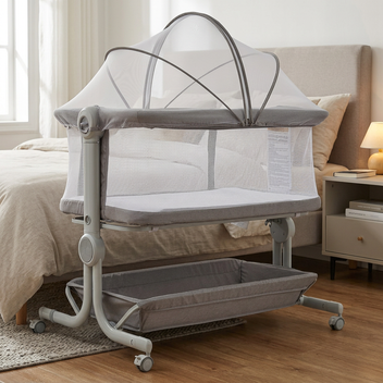 Garvee 3-in-1 Portable Baby Bassinet Bedside Sleeper in 6 Height Adjustable Design with Mosquito Net and Storage Basket, Light Grey