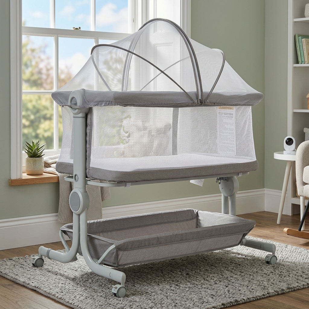 Garvee 3-in-1 Portable Baby Bassinet Bedside Sleeper in 6 Height Adjustable Design with Mosquito Net and Storage Basket, Light Grey