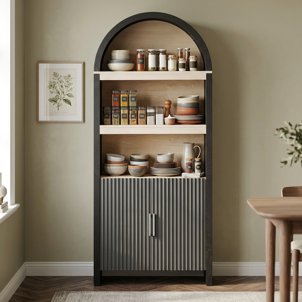 Garvee Mid-Century 71" Wood Sideboard in Arched Design with Open Display Shelves and Cabinet for Dining Room, Bathroom and Living Room, Black