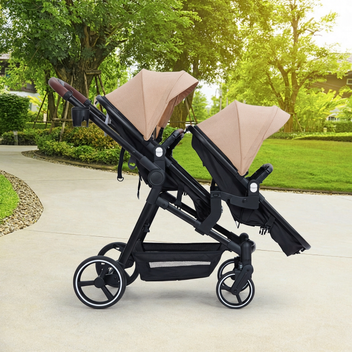 Garvee Foldable Double Baby Stroller in Multi-Position Reversible Design with Adjustable Backrest, Storage Basket and Canopy for Infant and Toddler, Khaki