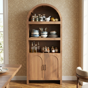 Garvee Mid-Century 71" Wood Sideboard in Arched Design with Open Display Shelves and Cabinet for Dining Room, Bathroom and Living Room, Brown