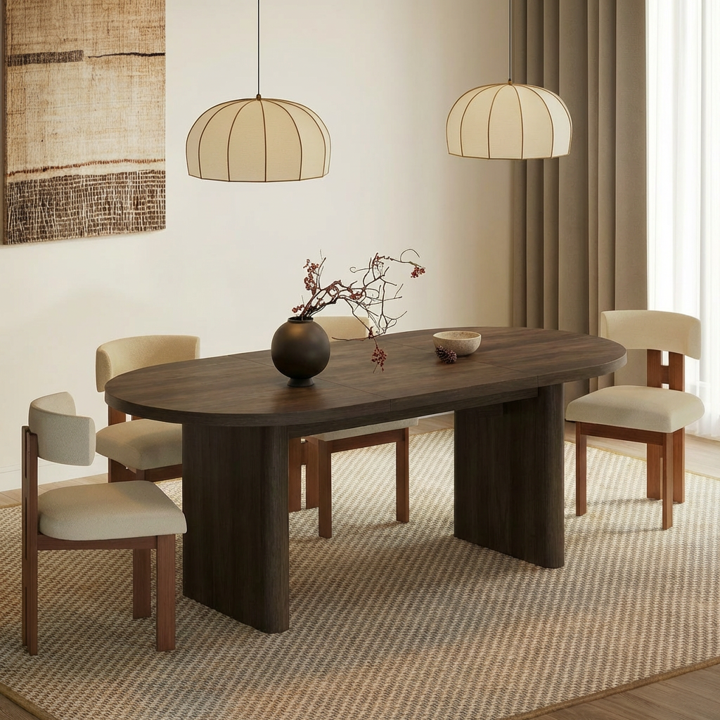 Garvee 70.8" Modern Oval Wood Dining Table with Wood Strip Base for 6-8 People, Brown