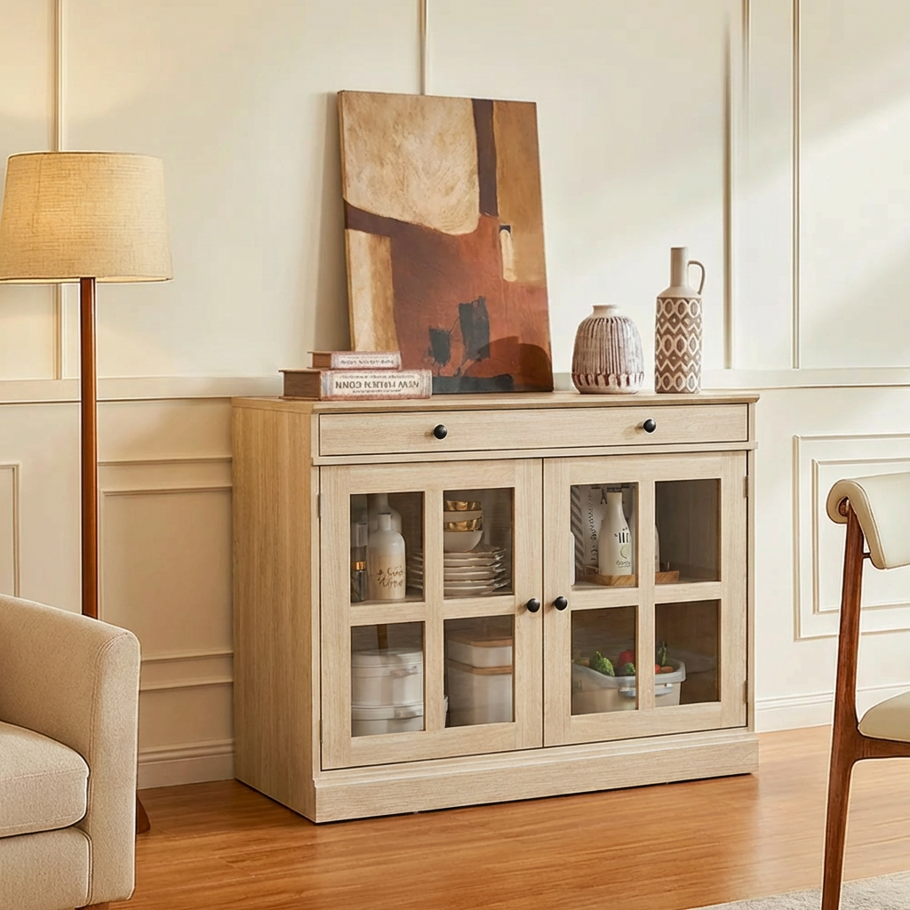 Garvee 35.4" Sideboard Buffet Cabinets With Glass Doors and Drawers, Oak