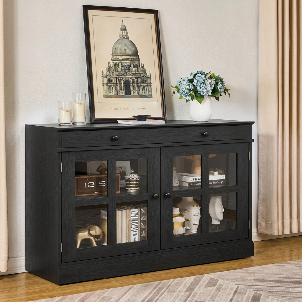 Garvee 35.4" Sideboard Buffet Cabinets With Glass Doors and Drawers, Black
